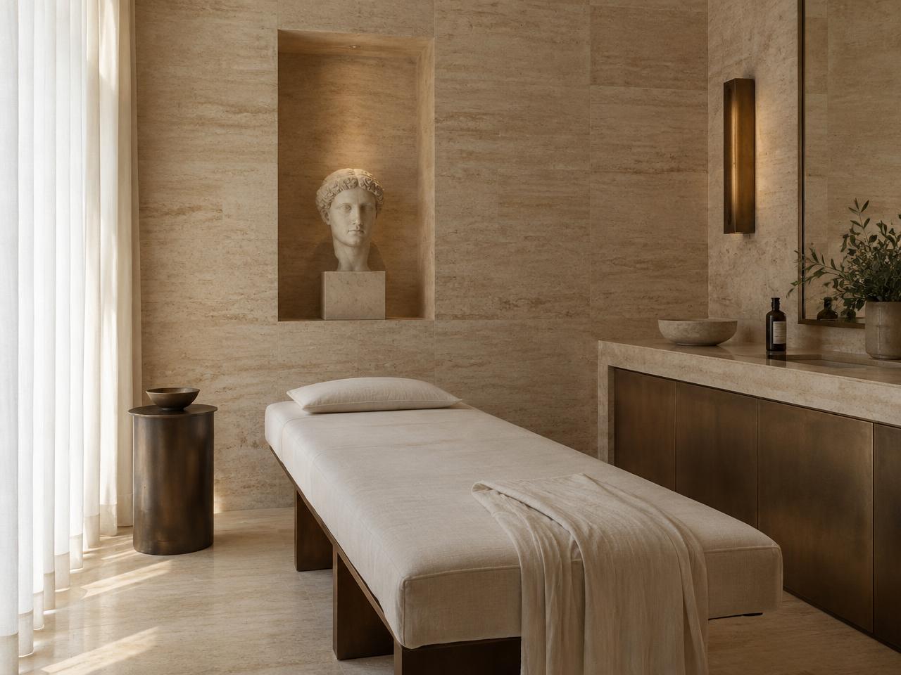 A minimalist spa treatment room in travertine and linen