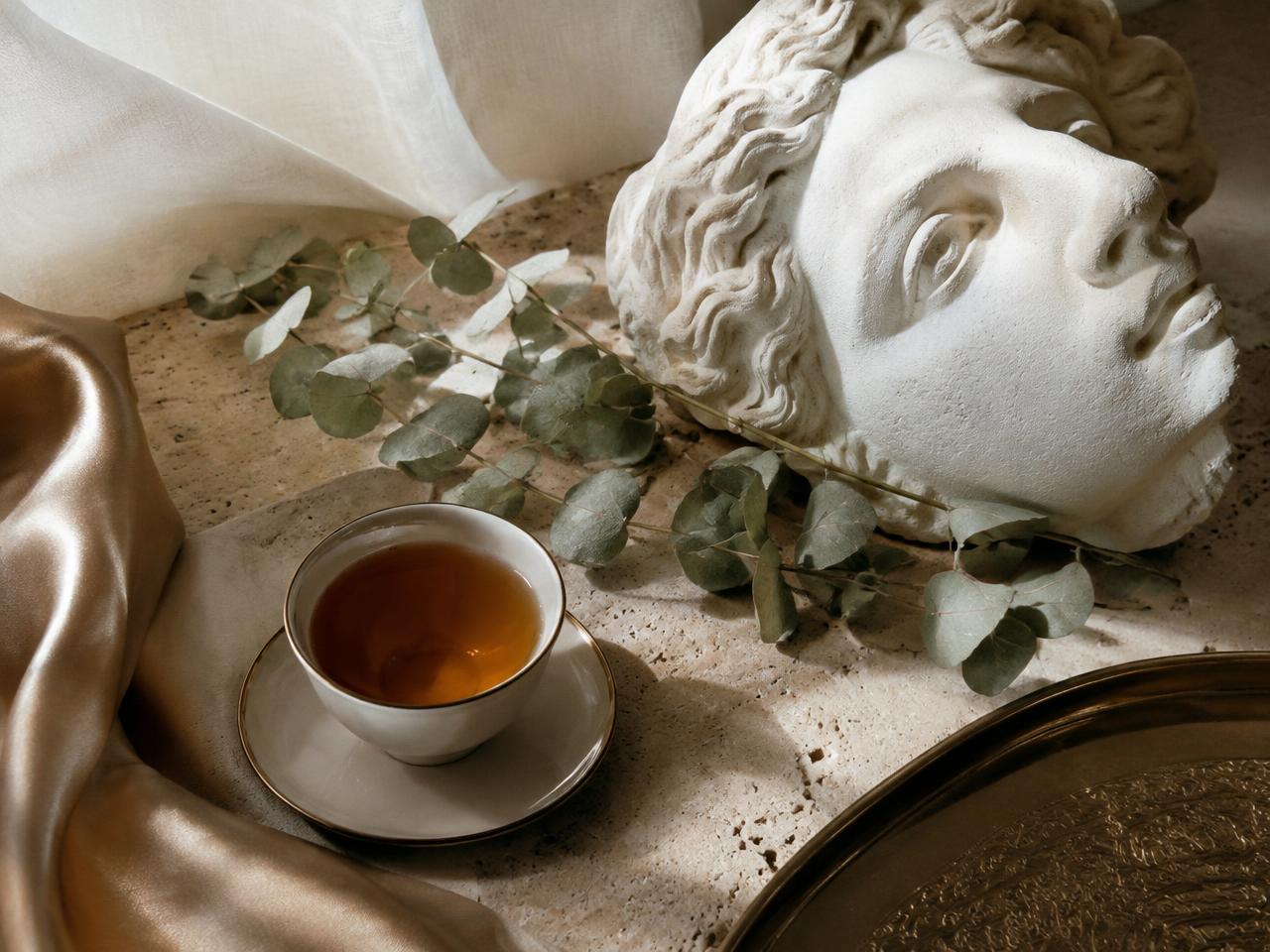 Champagne silk, tea, and eucalyptus in morning light